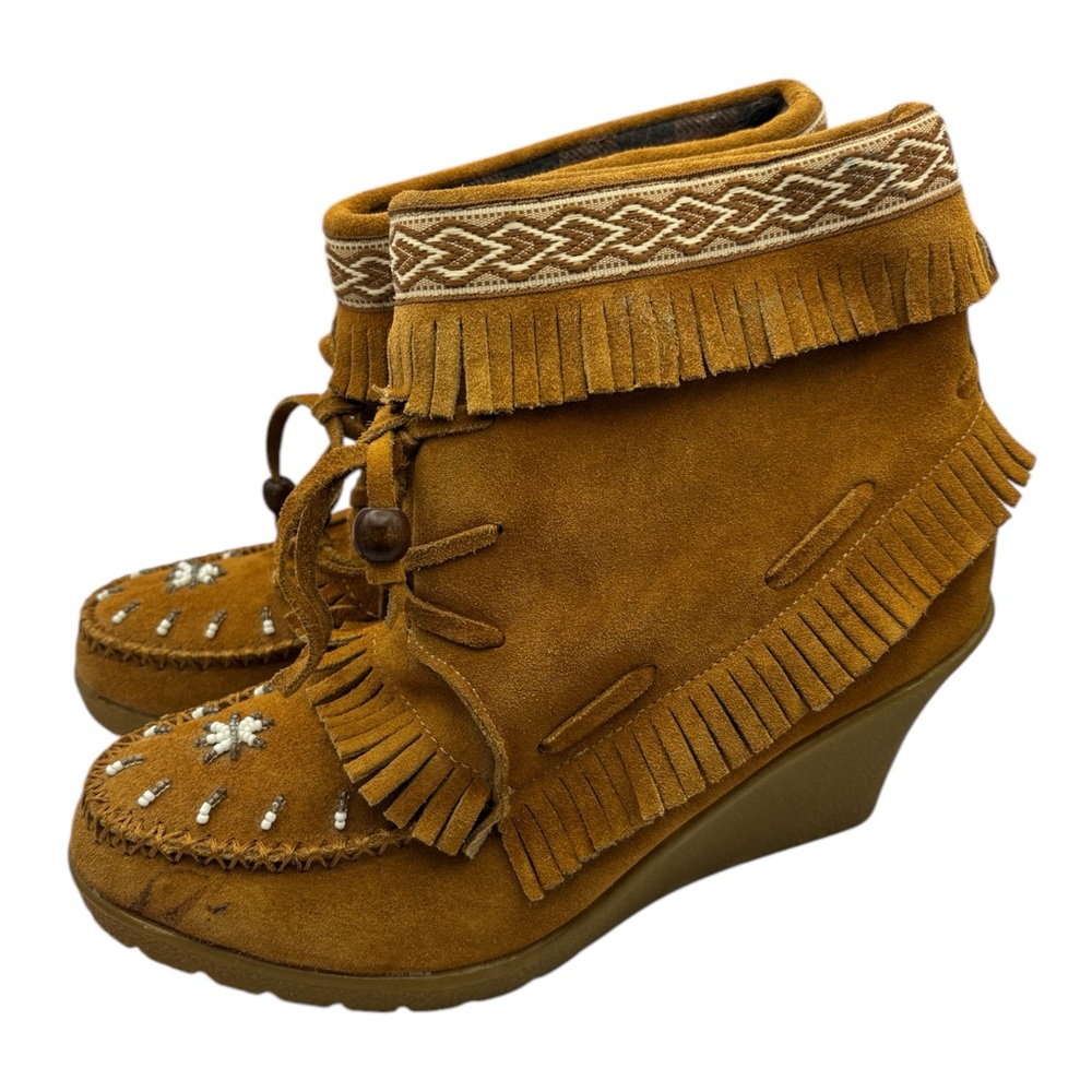 Softmoc Suede Wedge Fringe Moccassin Boots Sz 7